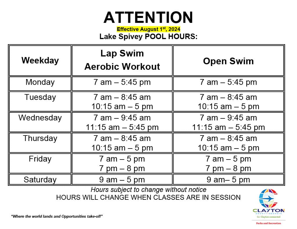 Lake Spivey Pool Hours 8/24