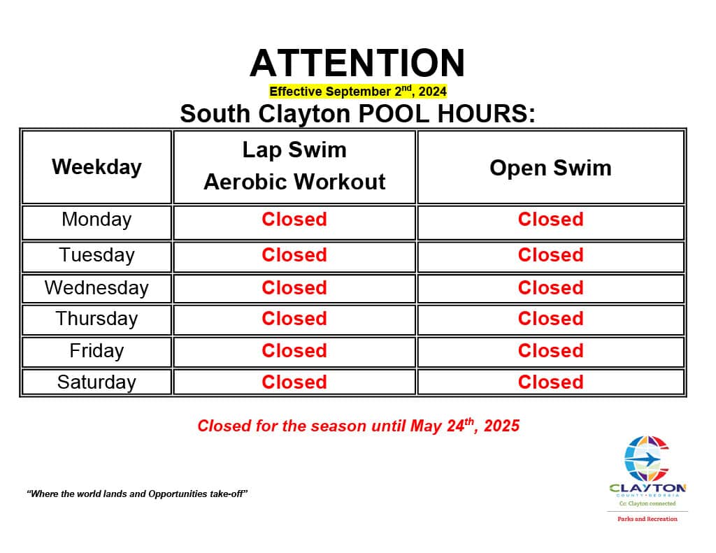 South Clayton Pool Hours 8/24